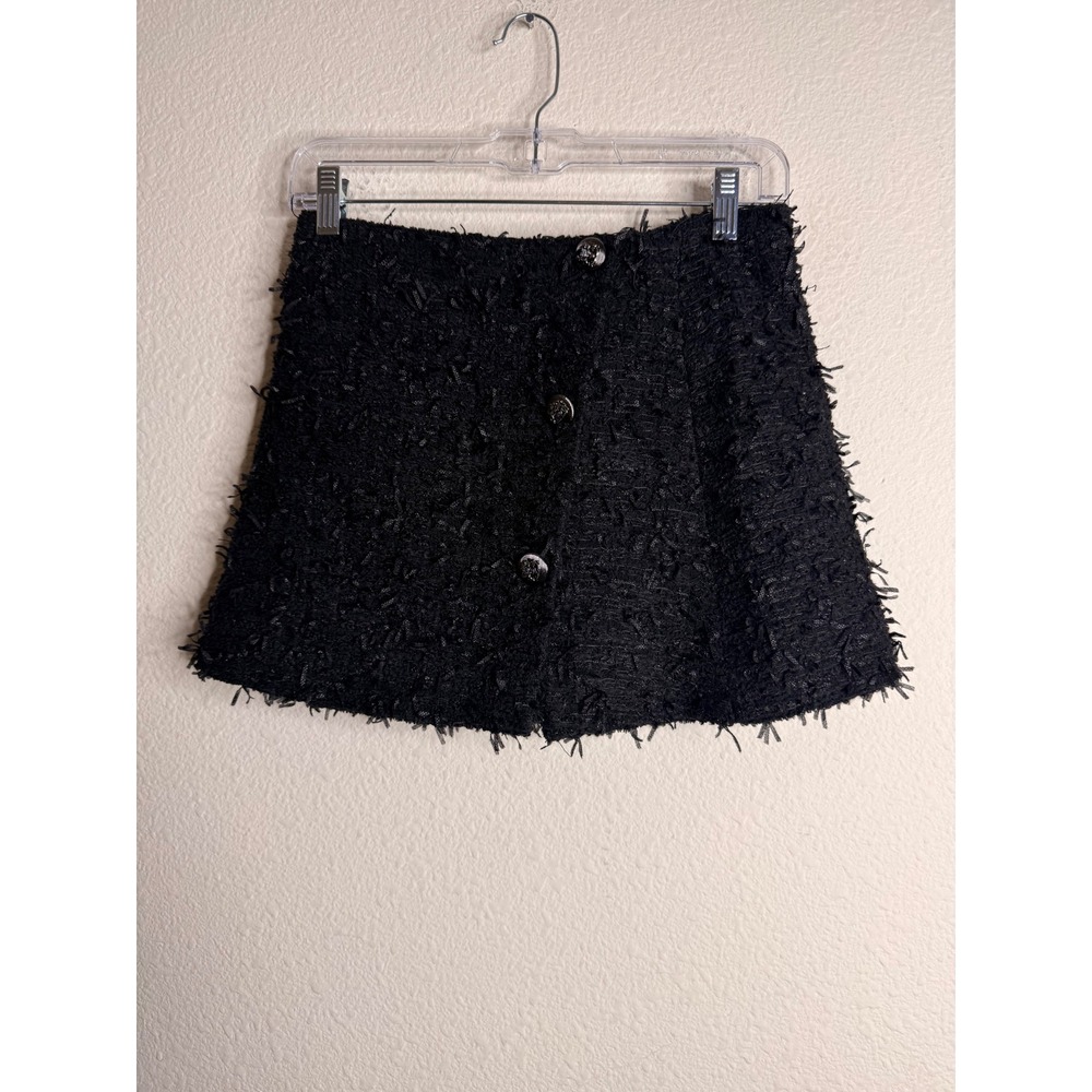 ASTR The Label Mini Skirt Womens Textured Tweed Gold Button XS Black Good